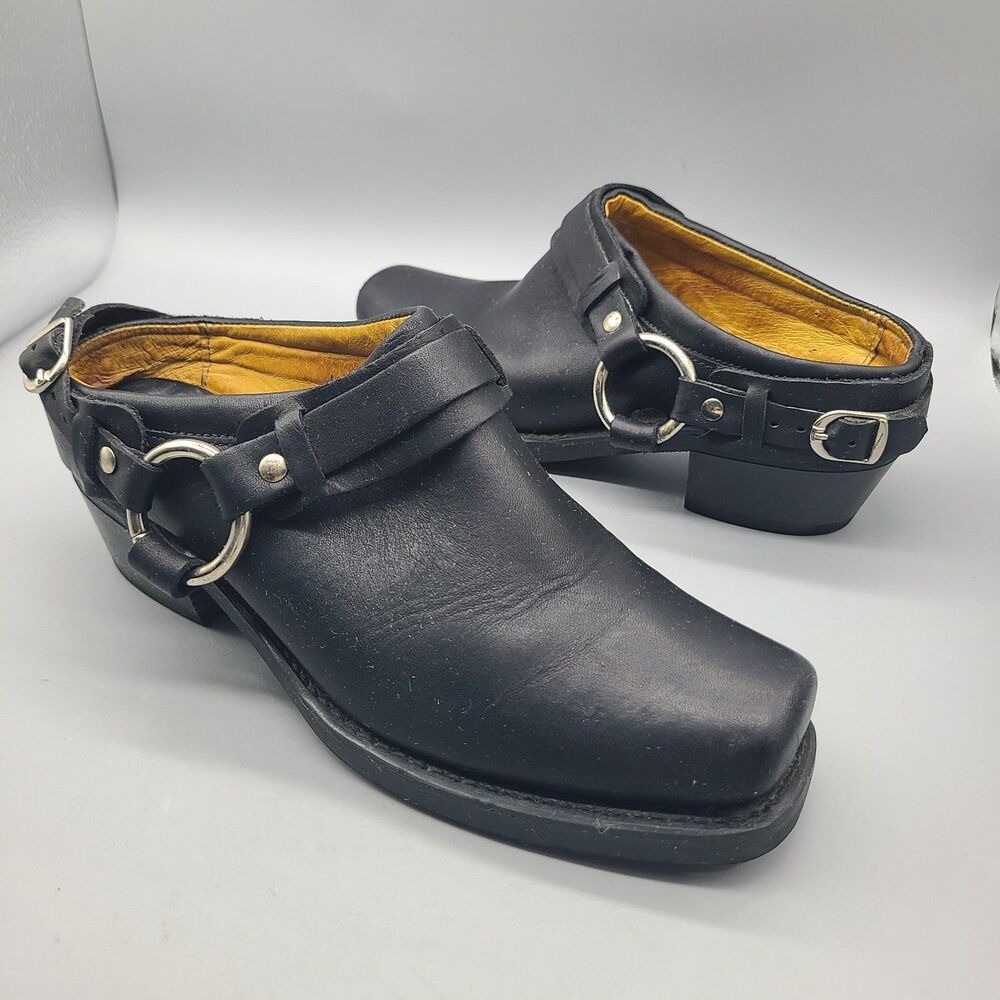 Frye Belted Silver Harness Mule Clogs Womens Sz 8.5 Black Leather USA